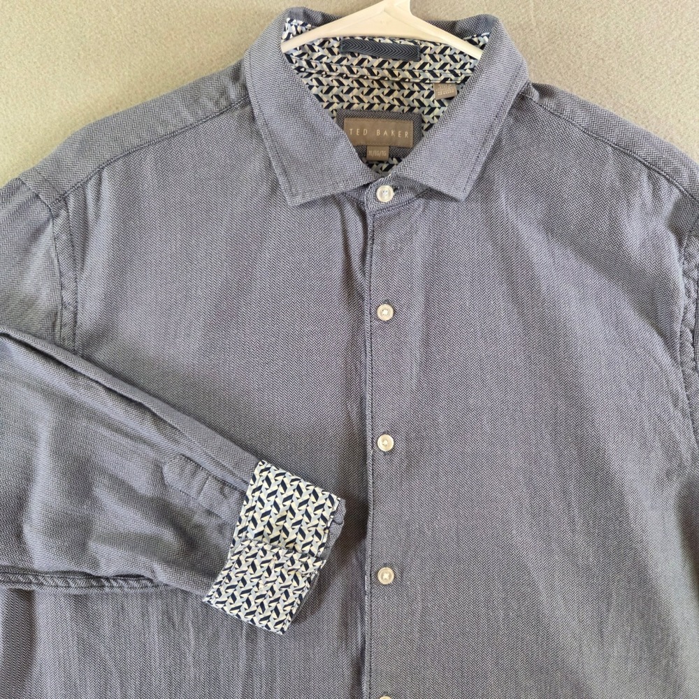 Ted Baker XL Blue Herringbone 100% Cotton Button Down Shirt Professional Office
